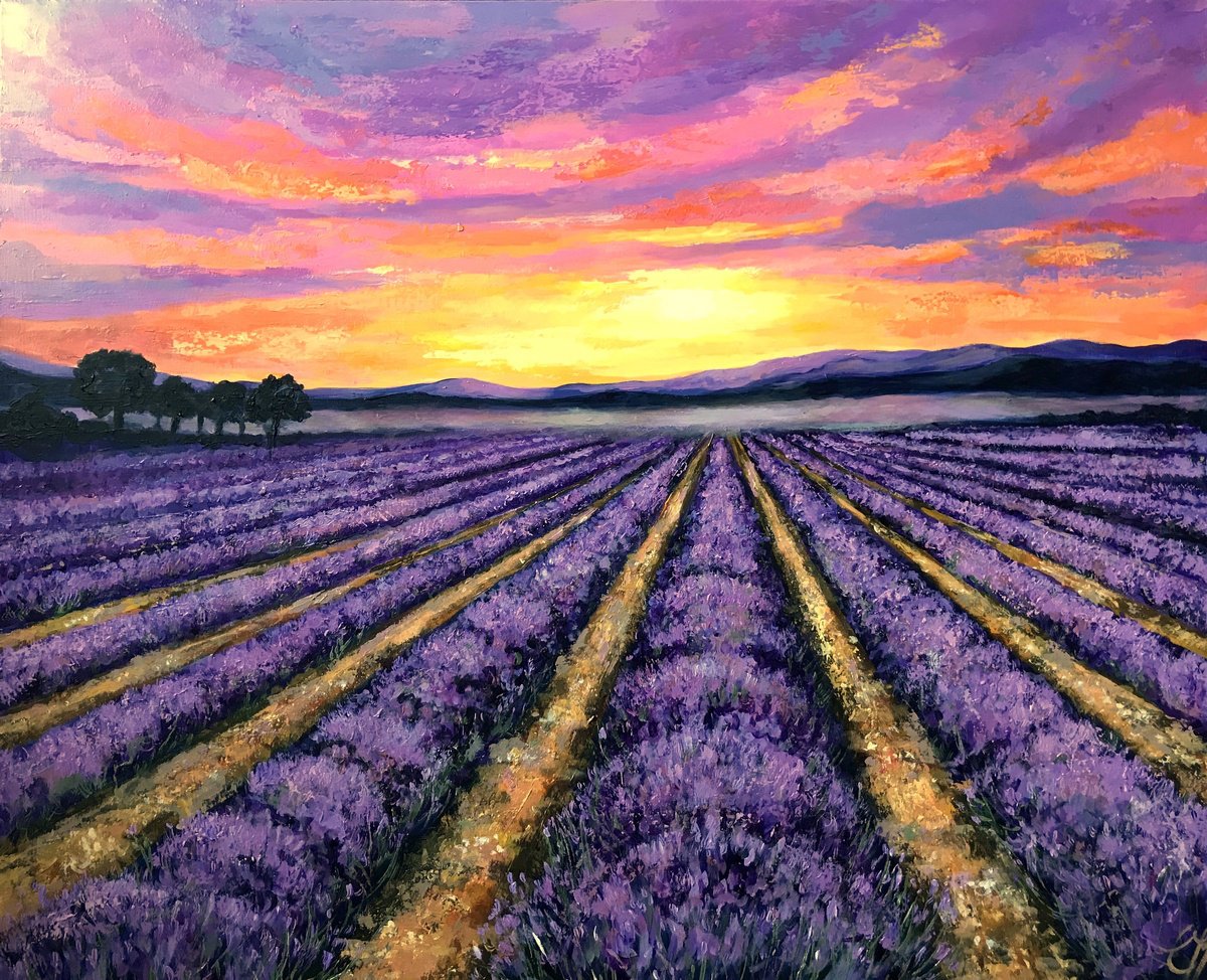 Impressionistic Landscape Acrylic Painting By Colette Baumback, 36 X 30, Sunrise Over Lavender, Original Artwork