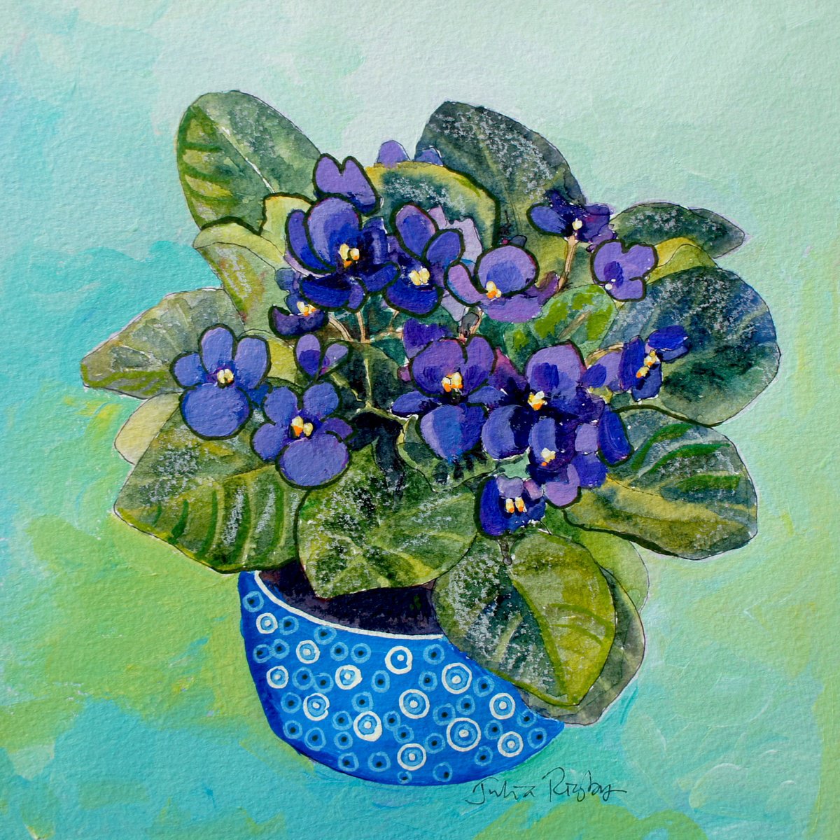 Impressionistic Botanical Acrylic Painting By Julia Rigby, 16 X 16", African Violets, Original Artwork