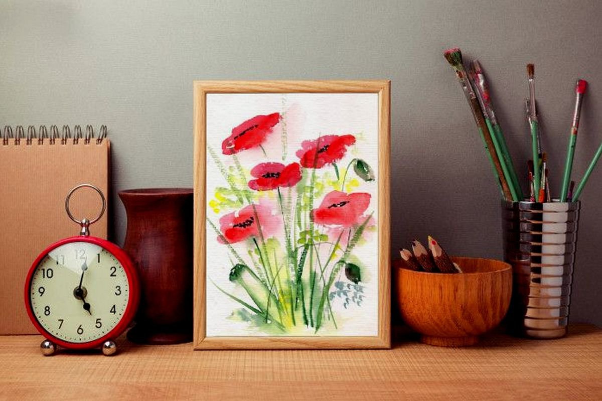 Five Red Poppies Watercolors 5.5x8.25 by Asha Shenoy