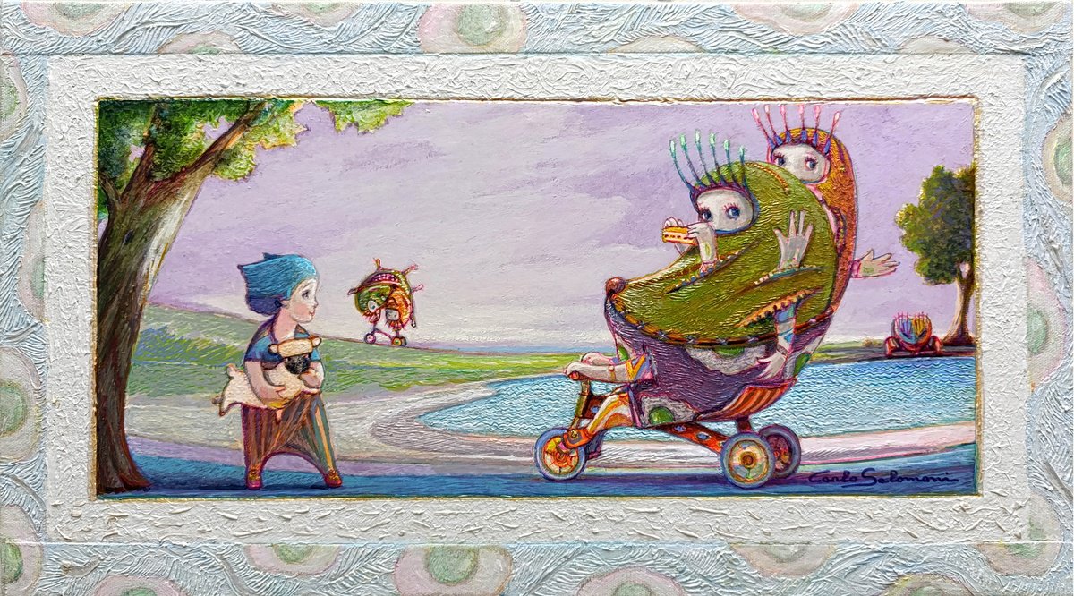 Illustrative Portrait Painting By Carlo Salomoni, 22 X 12, Jaja, On Wheels., Original Artwork