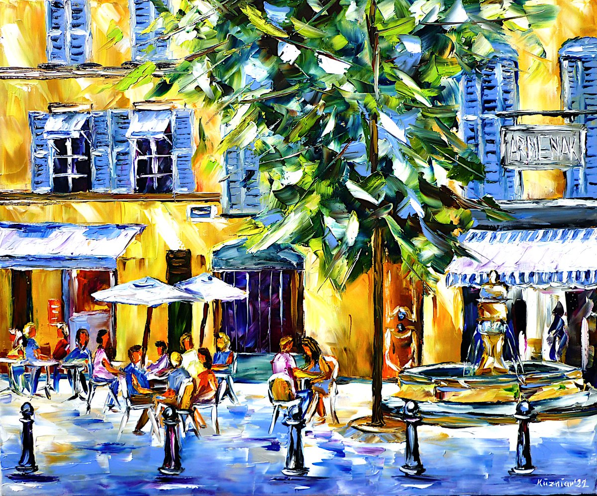 Expressive Cityscapes Oil Painting By Mirek Kuzniar, 24 X 20", Place Des Trois Ormeaux, Original Artwork