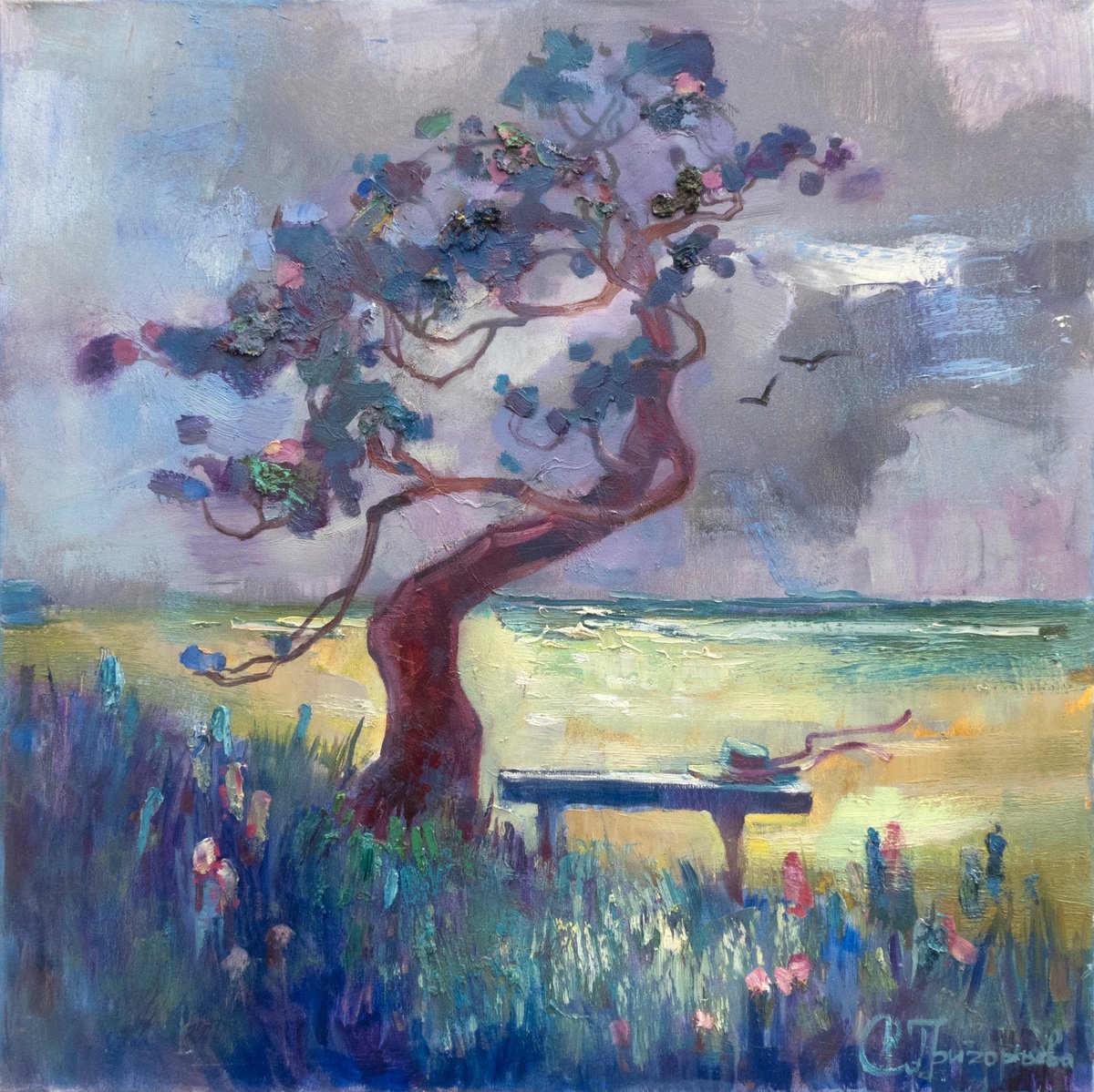 Impressionistic Landscape Oil Painting By Anastasiia Grygorieva, 28 X 28, Baltic Wind, Original Artwork