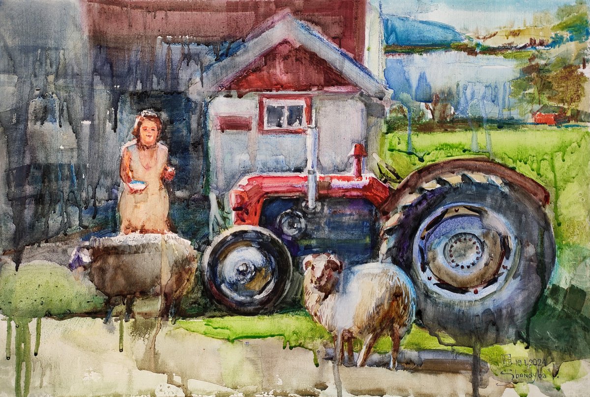 Impressionistic Animal Watercolour By Vladimyr Shandyba, 28 X 20", Sheep On Ellingsoy, Original Artwork