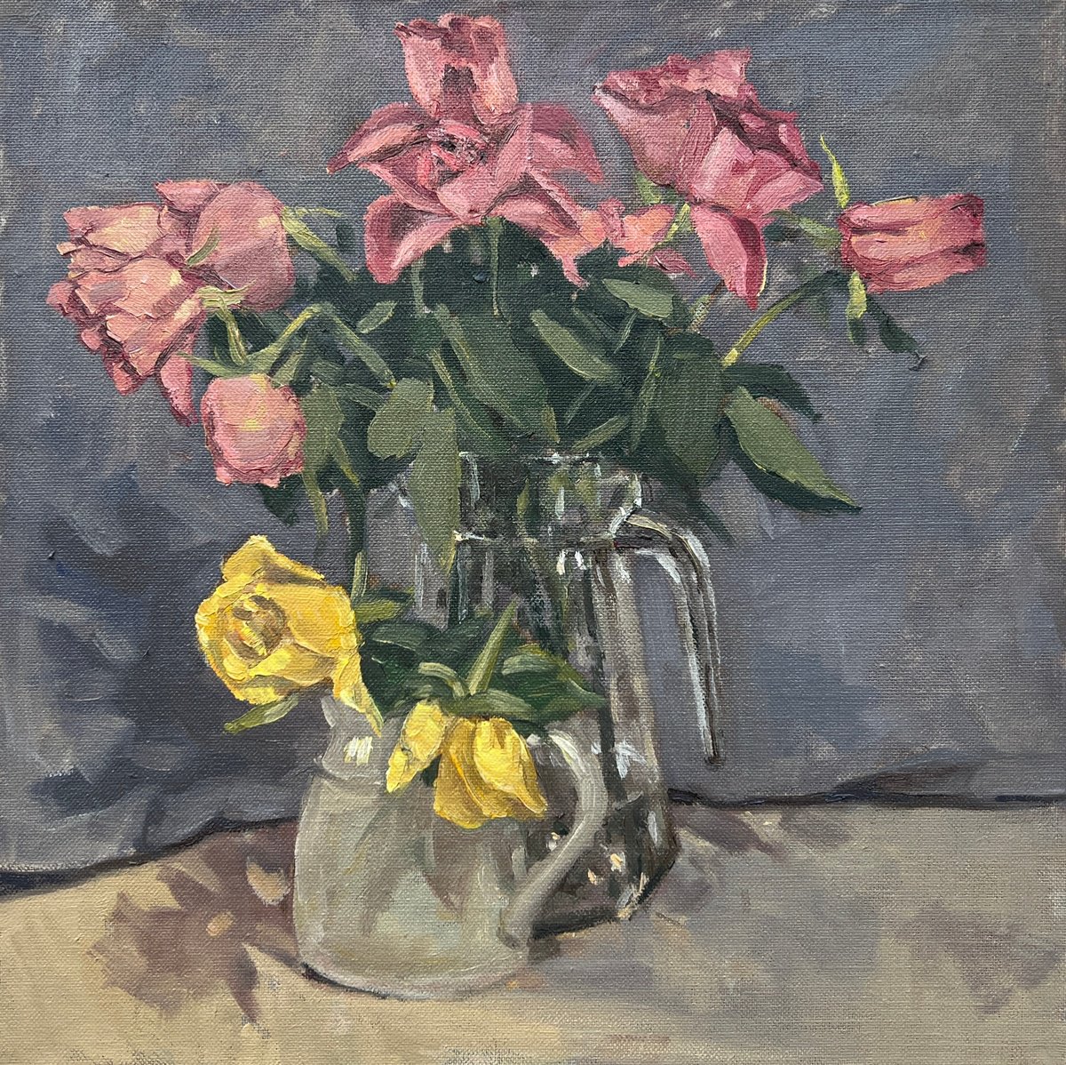 Impressionistic Botanical Oil Painting By Louise Gillard, 12 X 12", Drooping Roses, Original Artwork