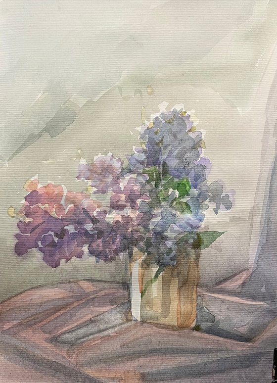 Lilacs flowers in a vase on the window, still life, original watercolour painting