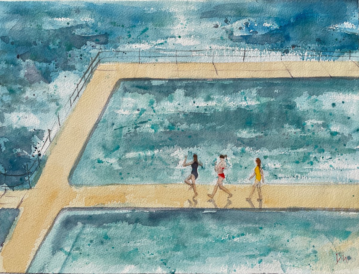 Impressionistic Landscape Watercolour By Shelly Du, 16 X 12", Girls At The Rock Pool, Original Artwork