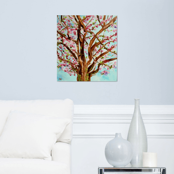 Apple blossom, tree near Bethnal Green, spring in London white, pink, turquoise ready to hang oil painting