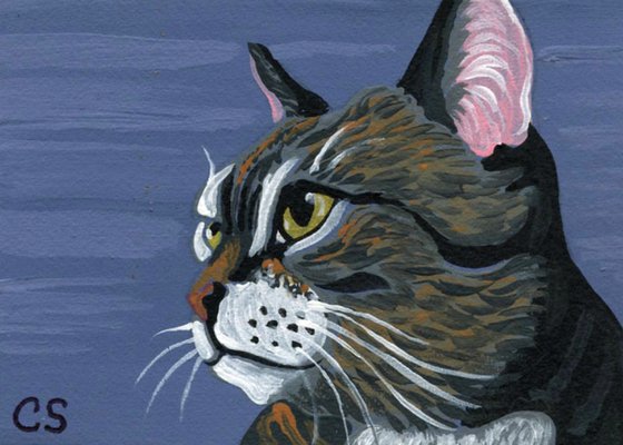 ACEO ATC Original Miniature Painting Grey Tabby Pet Cat Art-Carla Smale