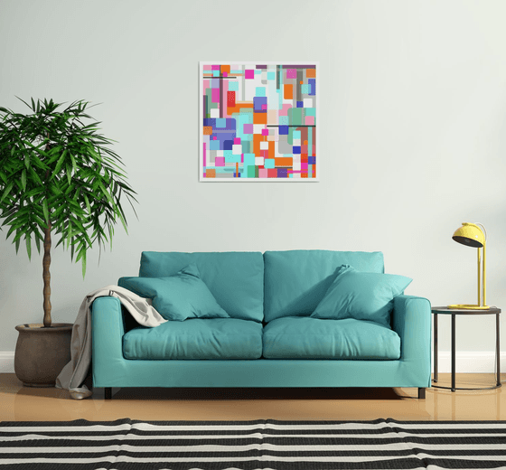 Abstraction artwork multi-colored orang yellow white pink blue black abstract