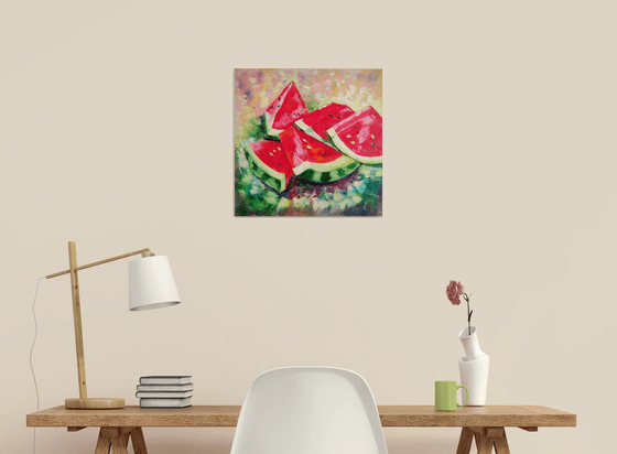 Sugar watermelon, Watermelon Painting Still Life Original Art on Canvas Tropical Fruit Art Abstract Artwork 40*40 cm.