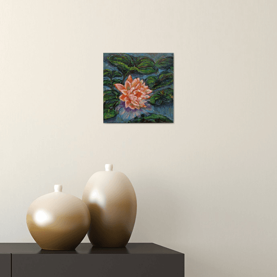 White Lotus Monet Style Original Oil on Canvas Artwork Waterlily Impressionism Minature Modern Floral Home Decor Fine Art/ Small Oil Painting 8x8in (20x20cm) Christmas Gift for Mother