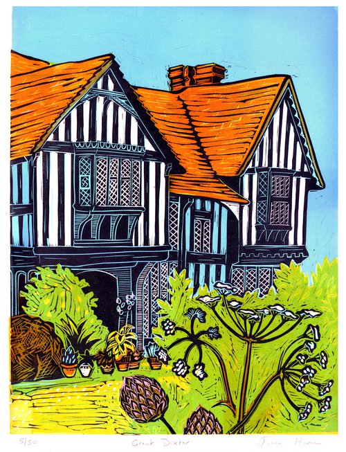 Great Dixter, East Sussex. Limited Edition large linocut by Fiona Horan