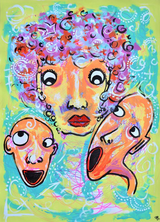 happy three friends - Vibrations Mixed Media Original Modern Art Painting