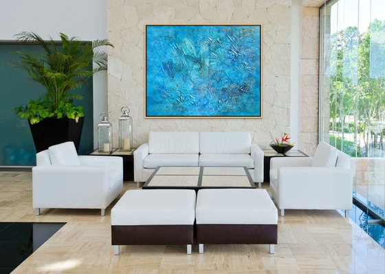 TROPICAL VIBES. Abstract Blue, Teal, Turquoise, Gold Textured Coastal Large Painting