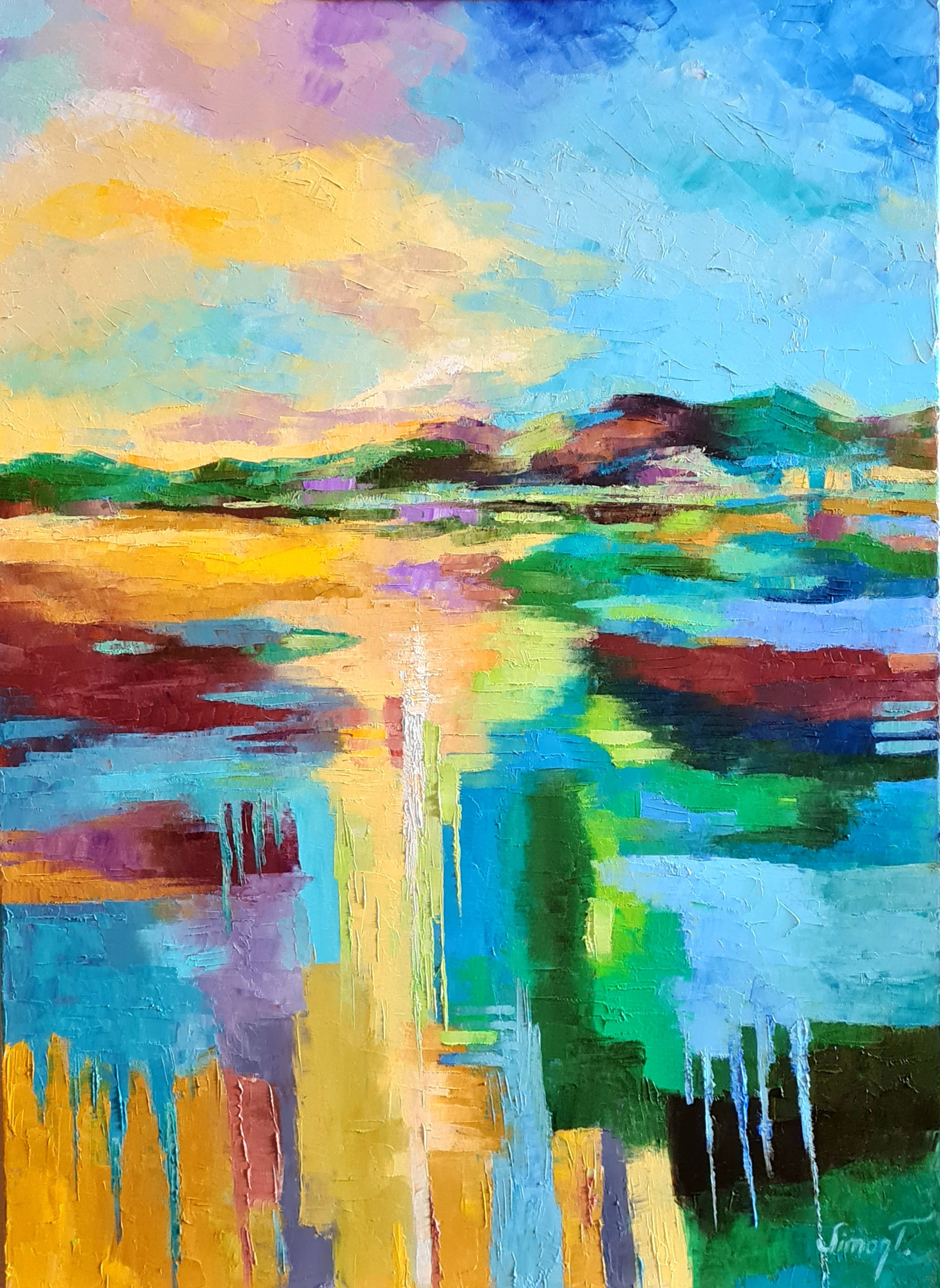 Impressionistic Landscape Oil Painting By Simon Tunde, 26 X 35", Spring Light Show, Original Artwork