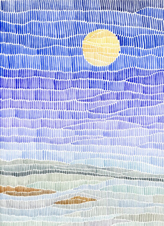 Original style watercolor abstract full moon at winter landscape