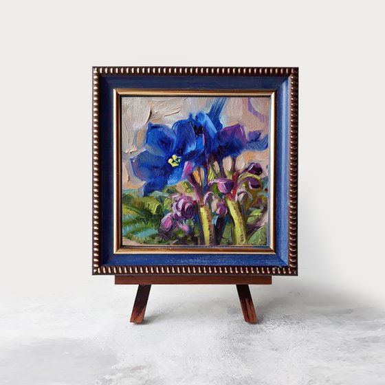 Violet painting original blue frame, Small floral wall art 4x4 Sister gift long distance