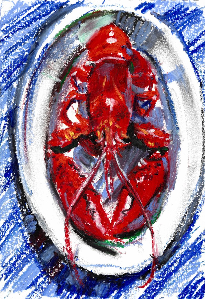 Expressive Still Life Pastel Drawing By Belyaeva Oleksandra, 6 X 9, Lobster On A White Plate, Original Artwork