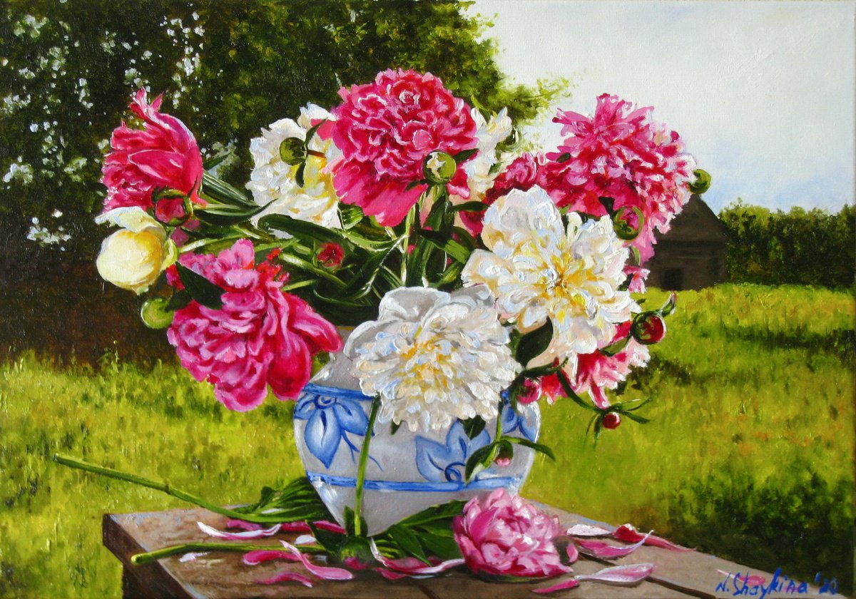 Pink White Peonies in a white-blue vase, Rustic Landscape Wall Art, Peaceful Scene by Natalia Shaykina