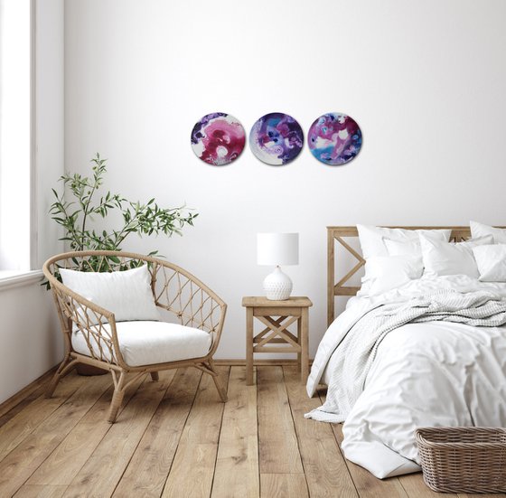PINK TRIO * SMALL TRIPTYCH * ROUND CANVAS * 30 x 90 cms * WHITE * BLUE * PINK