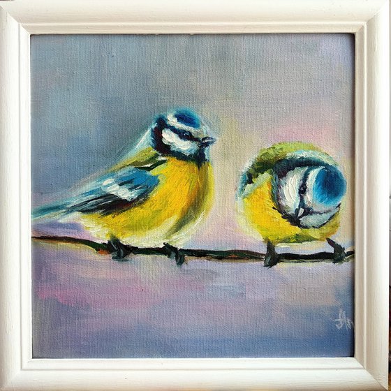 Chickadee couple Winter birds Framed and Ready to Hang Painting