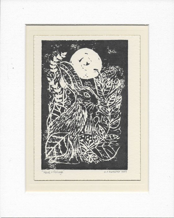Hare and Foliage - Original Lino Print