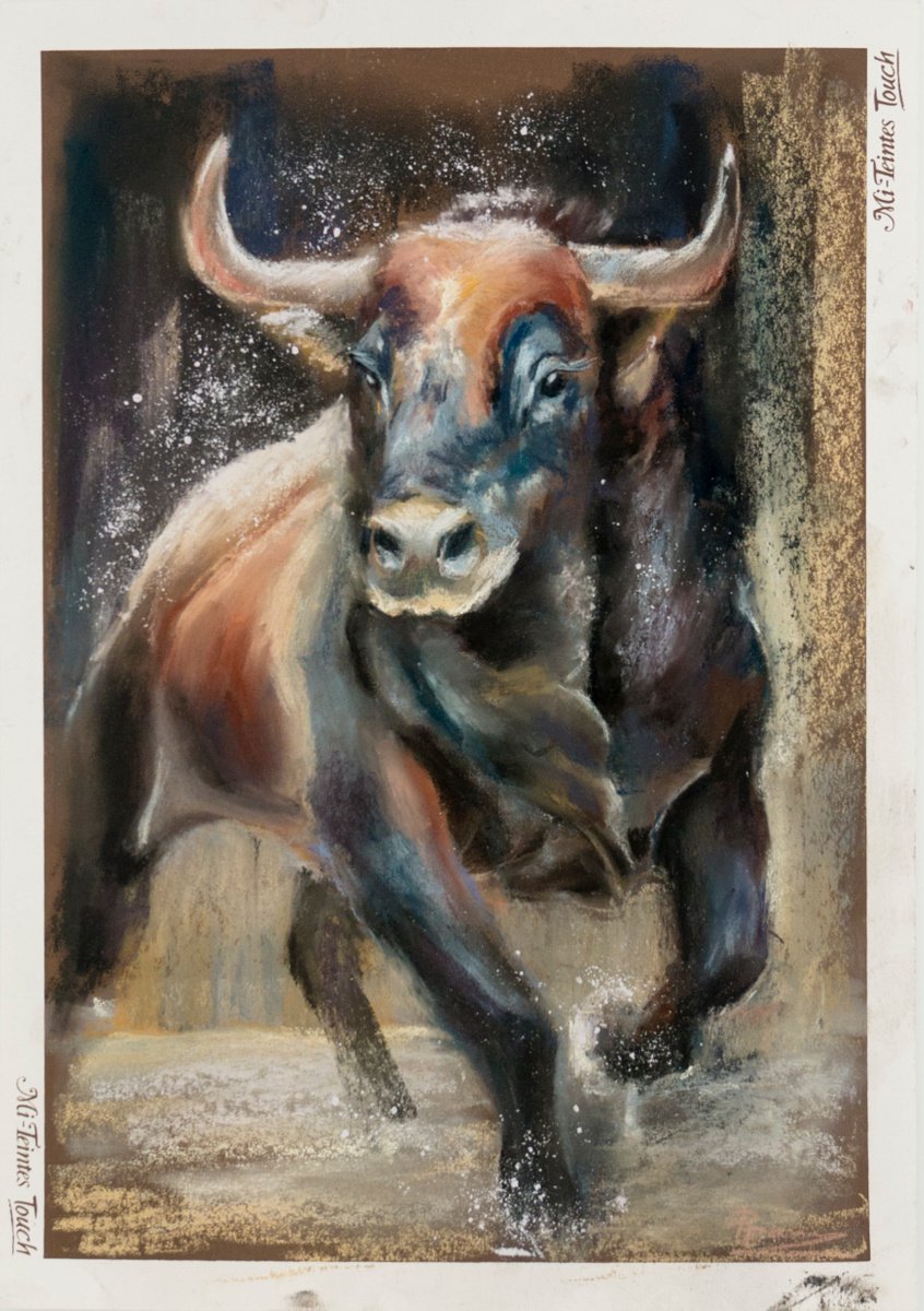 Impressionistic Animal Pastel Drawing By Olga Tchefranov (Shefranov), 12 X 16", Charging Bull, Original Artwork