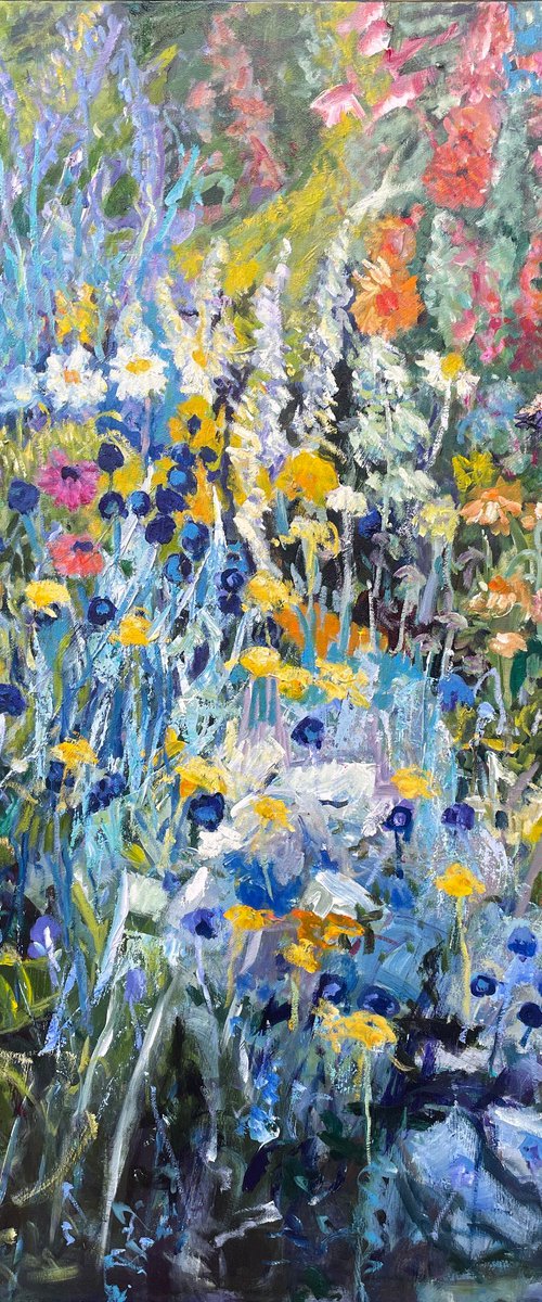 GARDEN OF ECHINACEA, DAISIES AND BLUE BUTTONS by Maureen Finck