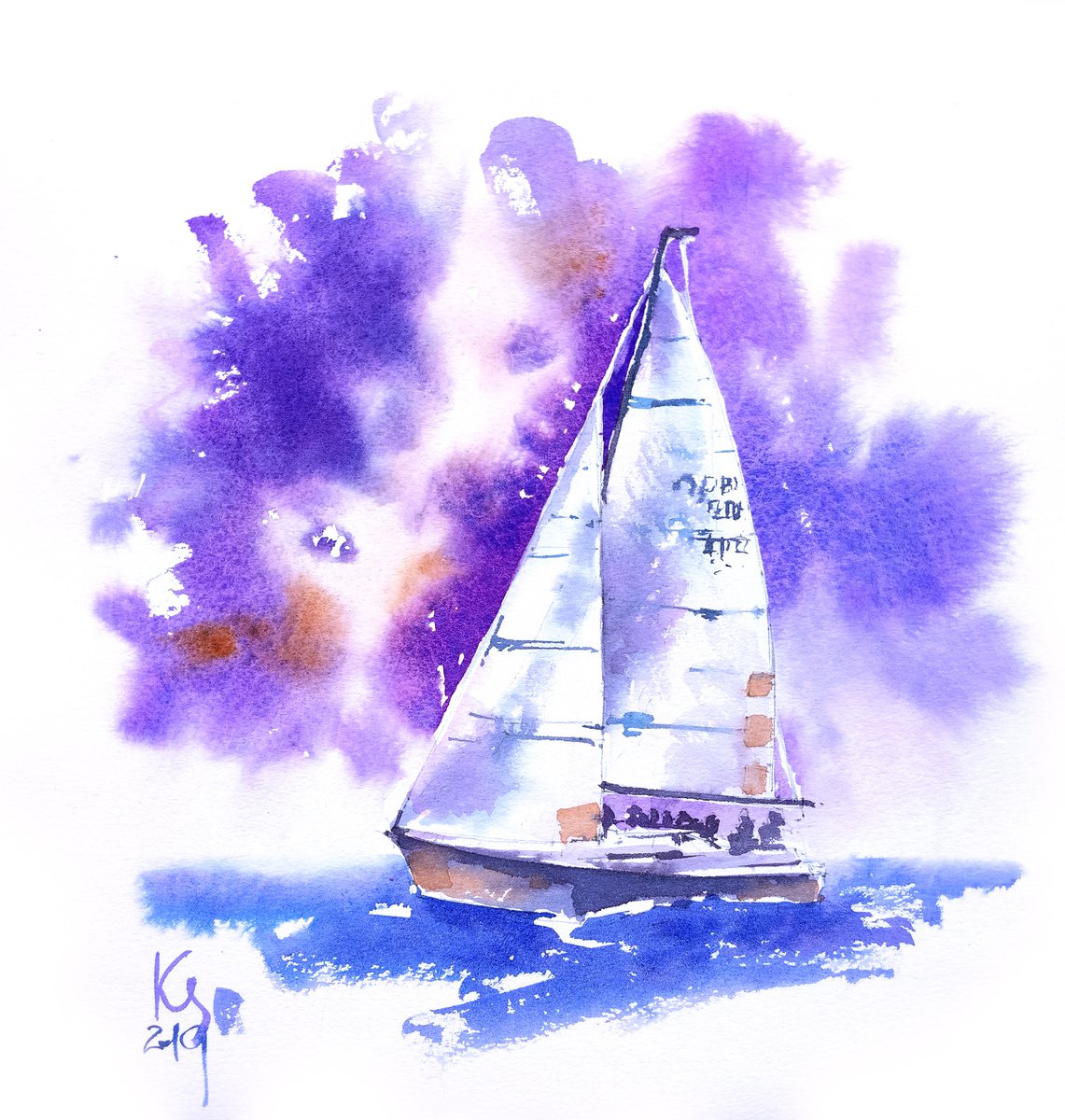 Sea romantic landscape with a sailboat against the backdrop of a dramatic sunset sky by Ksenia Selianko