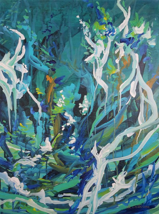 Abstract Flowers. Floral Garden. Abstract Tropical Forest Original Blue Painting on Canvas 46x61cm Modern Art