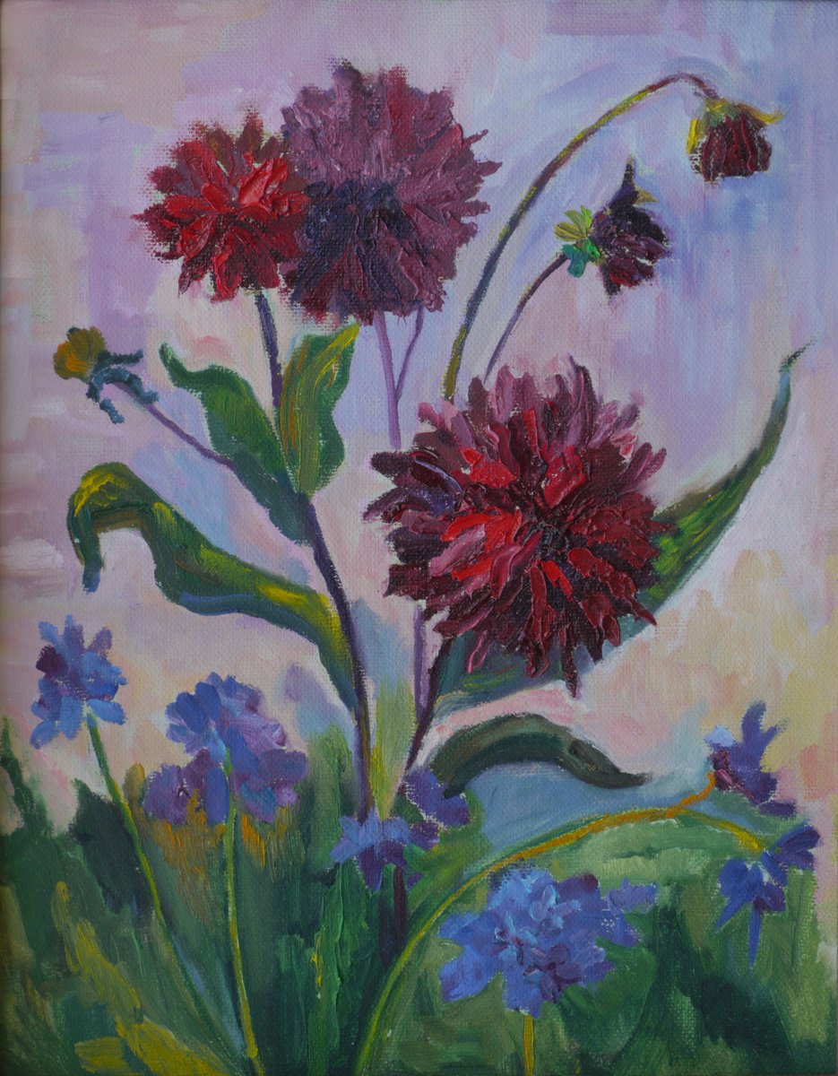 Impressionistic Botanical Oil Painting By Elena Lykhodid, 16 X 20, Dahlias, Original Artwork