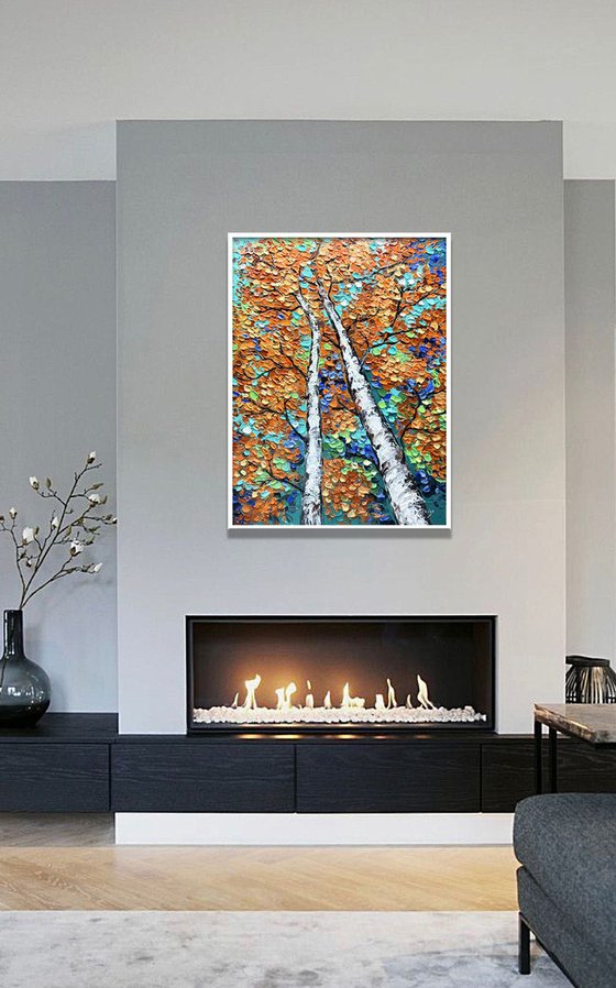 Entwined - 3D Textured Fall Gold Birch Trees Landscape Painting on Canvas, Original Abstract Nature Textured Tree Painting - SIZE: 24 X 32 INCHES (60 X 80 CM)