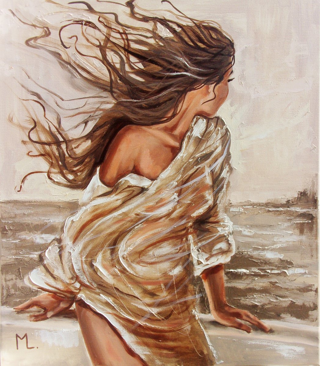 Expressive Portrait Oil Painting By Monika Luniak, 24 X 28", " Windy Day On The Beach ", Original Artwork