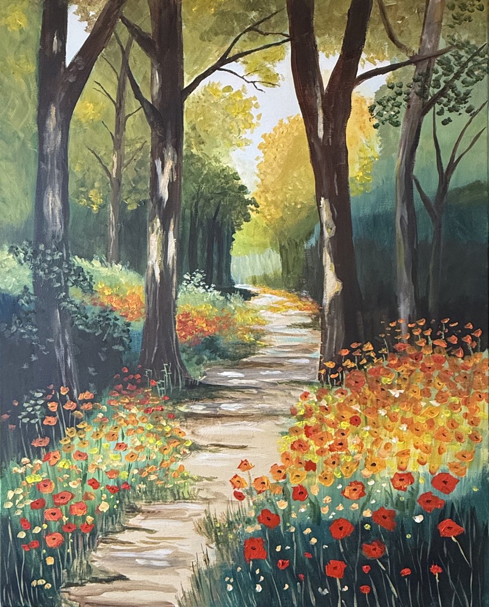 Impressionistic Landscape Acrylic Painting By Aisha Haider, 24 X 30, Woodland Poppies, Original Artwork