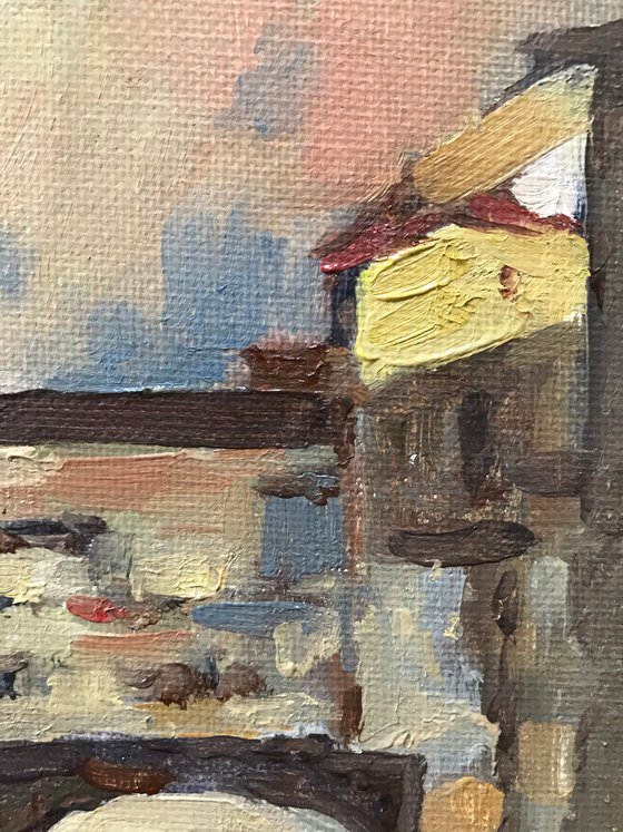 Original Oil Painting Wall Art Signed unframed Hand Made Jixiang Dong Canvas 25cm × 20cm Cityscape Ponte Vecchio Bridge Italy Small Impressionism Impasto