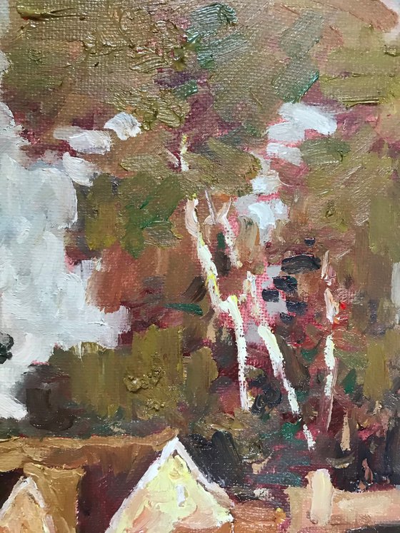 Original Oil Painting Wall Art Artwork Signed Hand Made Jixiang Dong Canvas 25cm × 30cm Golden Autumn small building Impressionism