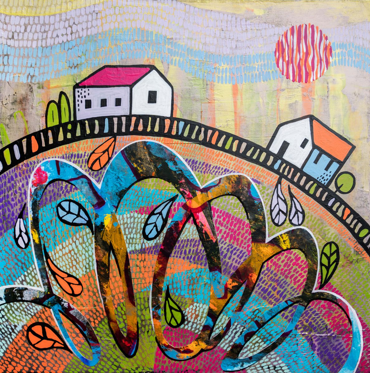 Organic Landscape Acrylic Painting By Ariadna De Raadt, 20 X 20, Joy Day, Original Artwork