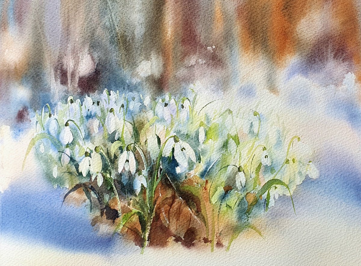 Impressionistic Landscape Watercolour By Sonata Art, 16 X 12", Radiant Snowdrops Glow In Winter Forest, Original Artwork