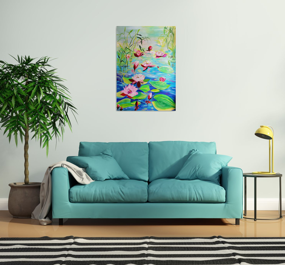 GIFT  PALETTE KNIFE  ORIGINAL PAINTING  FENG SHUI  Artwork: "Water lily pond""