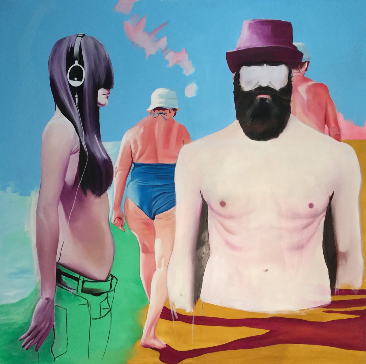 Urban And Pop Portrait Oil Painting By Kujbus Janos, 59 X 59", Now And Afterward, Original Artwork