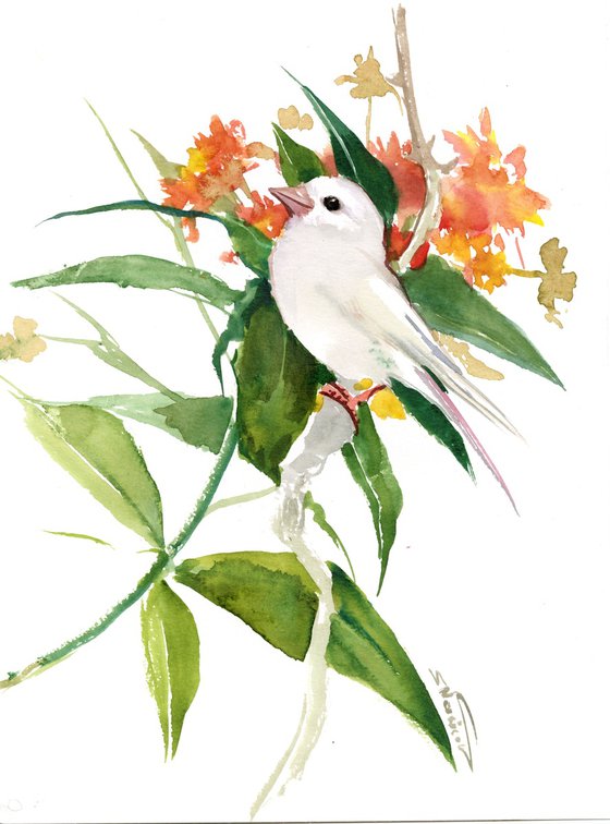 Canary Bird and Flowers, Watercolor Bird painting