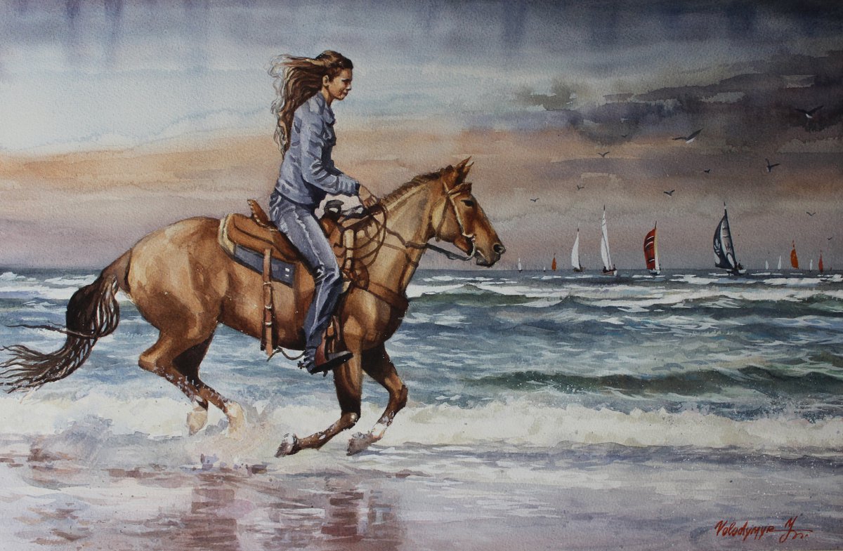 Landscape Watercolour By Volodymyr Melnychuk, 22 X 15", Against The Wind, Original Artwork