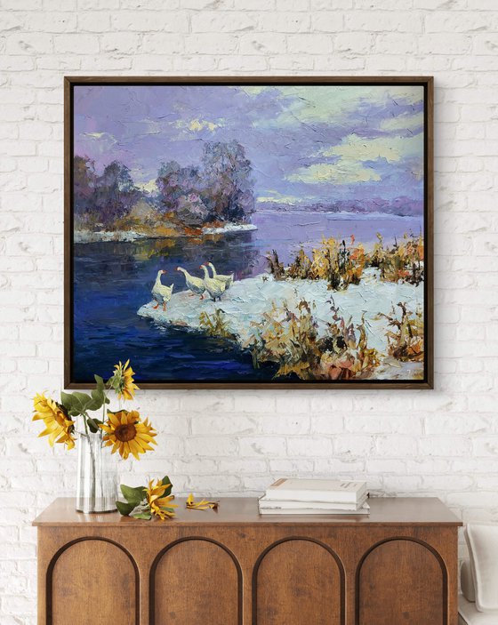 Geese On A Pond In Winter