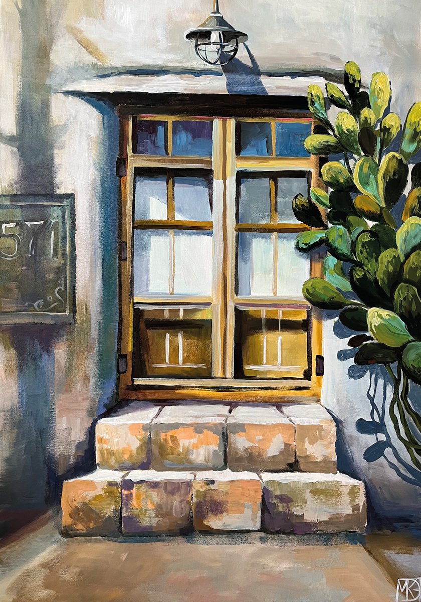 Impressionistic Cityscapes Acrylic Painting By Maria Kireev, 28 X 39", The Door With Cactus, Original Artwork