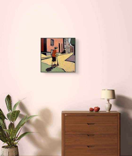 Boy on a Scooter — 16x16 in Original Painting