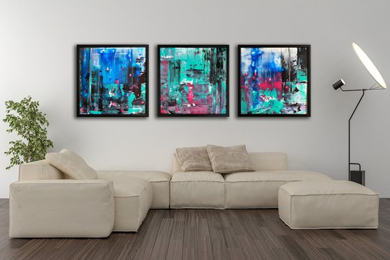 "Night Walkers" - Save As A Series - Original PMS Abstract Triptych Acrylic Paintings On Plexiglass, Framed - 78" x 26"