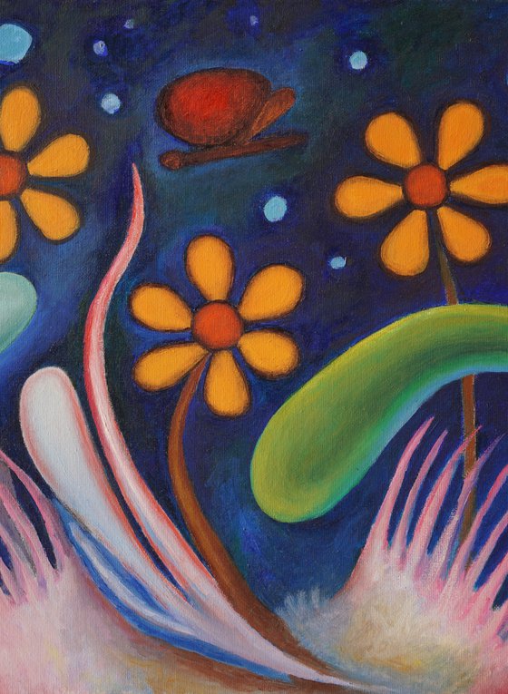Tre fiori con farfalla