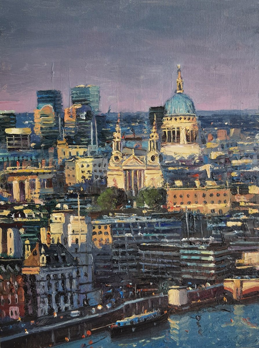 Impressionistic Cityscapes Oil Painting By Roberto Ponte, 12 X 16", View Of London With St Paul