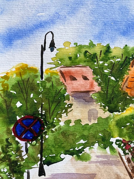 Hungary Painting Tuhany Original Art Roof Watercolor Houses Artwork Village Wall Art 8 by 12" by Halyna Kirichenko