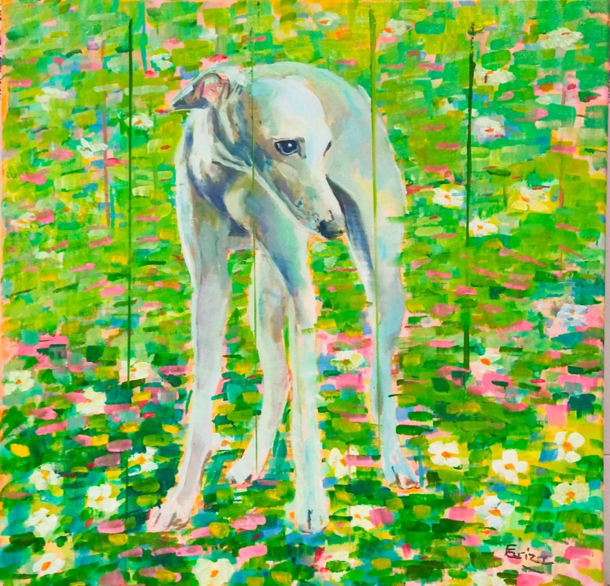 Impressionistic Animal Painting By Amaya Fernandez Fariza, 20 X 20, Greyhound 1, Original Artwork